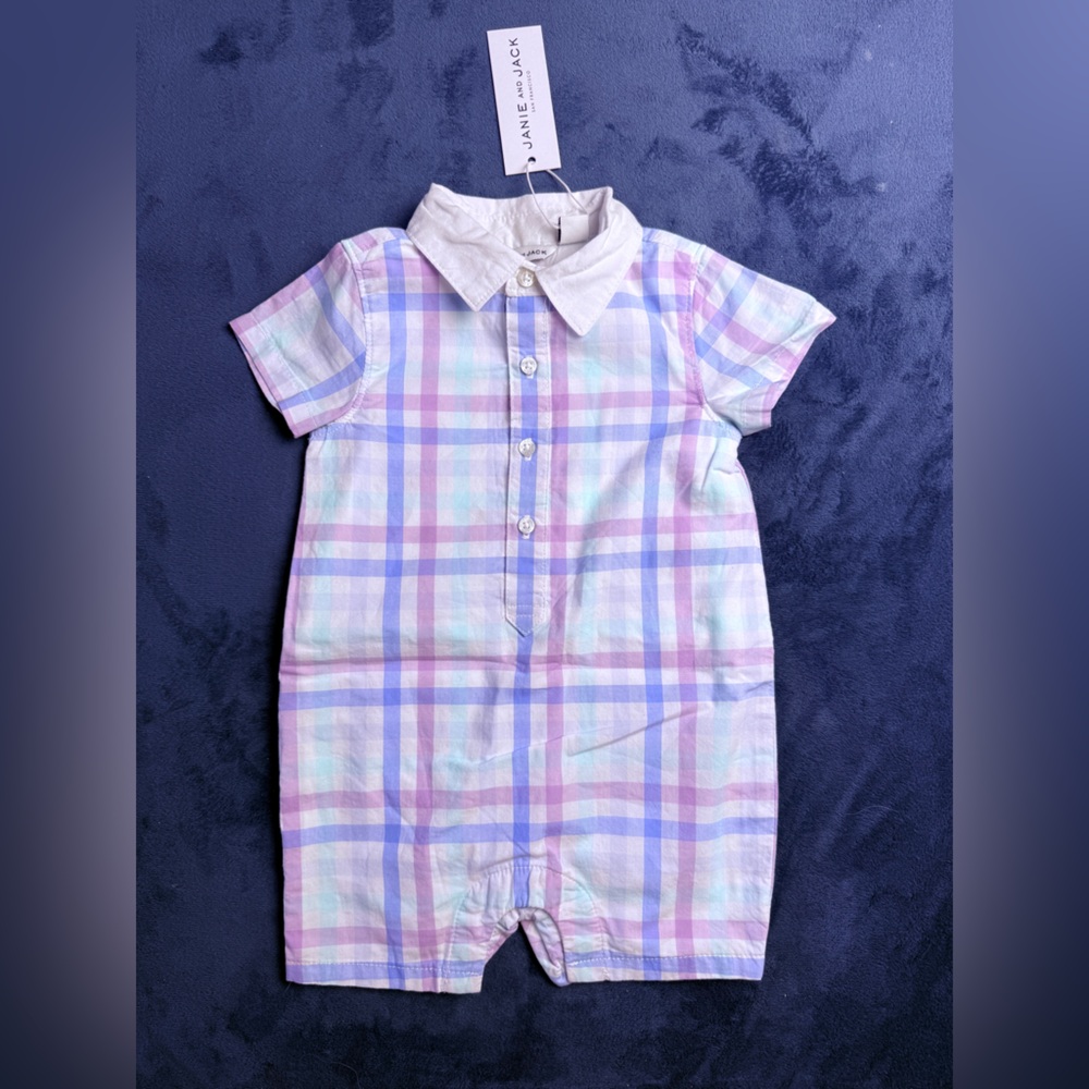 NWT Janie and Jack Purple and Blue Button Down Romper, 3-6 mos